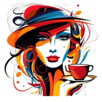 Woman with a cup of coffee in bright vector pop art style. Template for advertising cafe, coffee, etc.