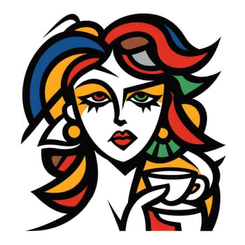 Woman with a cup of coffee in bright vector pop art style. Template for advertising cafe, coffee, etc.