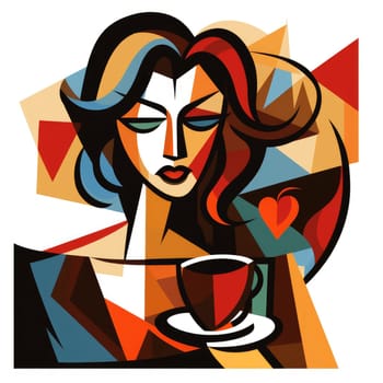 Woman with a cup of coffee in bright vector pop art style. Template for advertising cafe, coffee, etc.