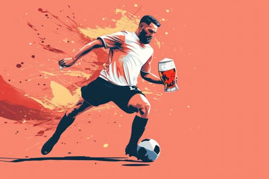 Soccer player holding a large beer glass Kicking a ball. Generative AI.