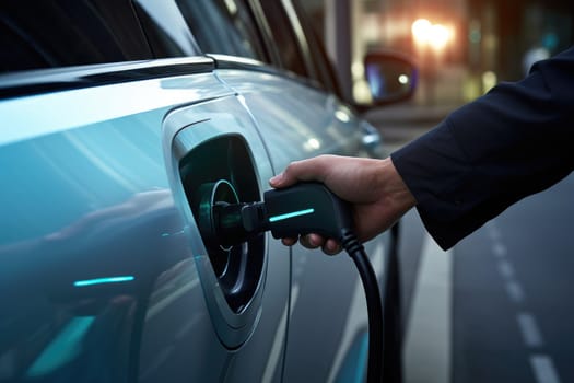 Electric car or EV is charging, Hand inserting EV charging plug to electric vehicle, AI Generative.