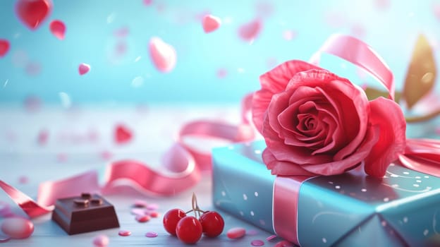 Valentine gifts in colorful packaging with bows and bright ribbons. Generative AI.