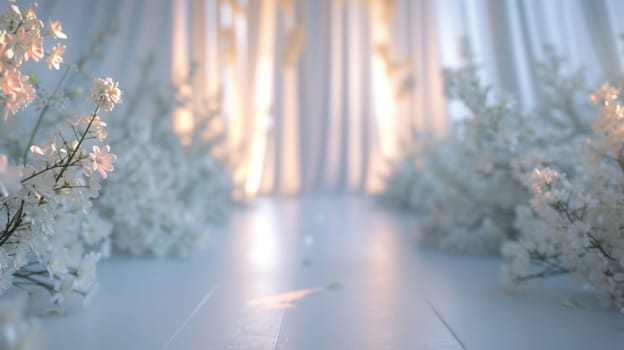 White room with arch and flowers in the wall and large window Generative AI.