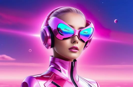 Beautiful woman in futuristic costume over glowing background. Violet neon light. Portrait of young girl in modern headphones listening music. Concept of future
