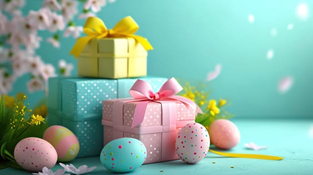 Easter gifts in colorful packaging with bows and bright ribbons. Generative AI.