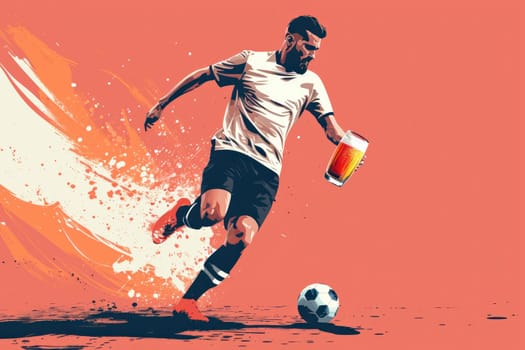 Soccer player holding a large beer glass Kicking a ball. Generative AI.