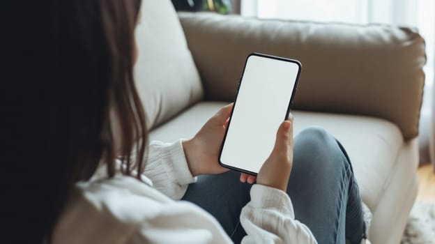 Woman on the couch using blank white screen smartphone. Generative AI.