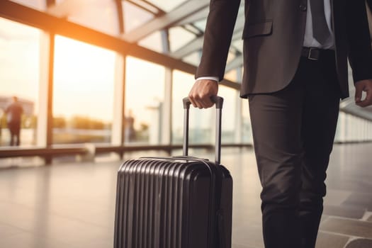 Businessman Dragging suitcase luggage bag in airport, Business trip concept.