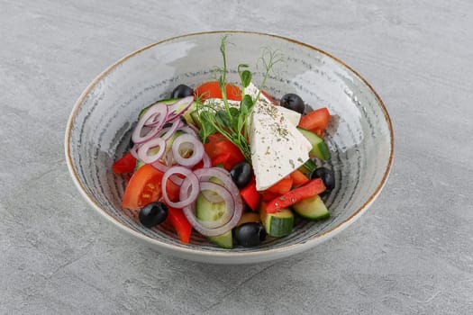Greek salad on a stone background studio shooting 3