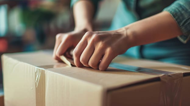 Close up of hands packing a cardboard box in the home office, Online Shopping and delivery concept.