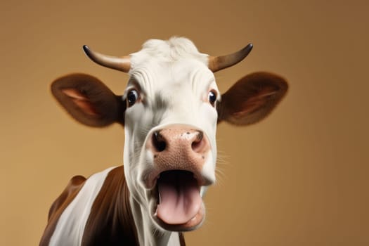 Funny surprised cow studio shot isolated bright color background.