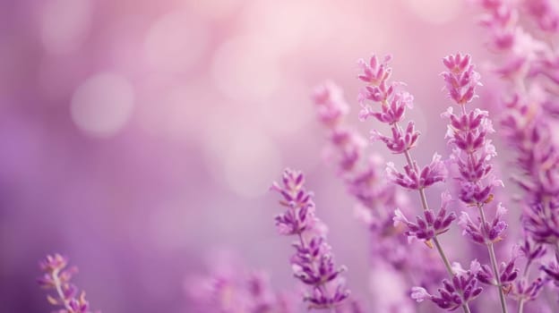 Lavender flowers in a field with sunlight shining through. Generative AI.