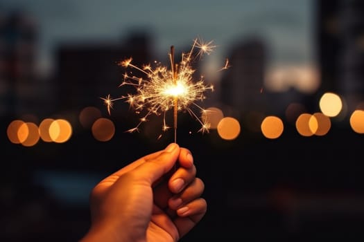 Photo of Hand holding a burning sparkler against fireworks background.