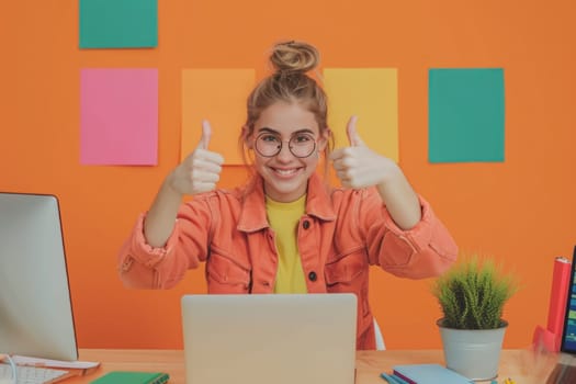 A girl sitting in the desk with a laptop on her lap showing thumbs up. Generative AI.