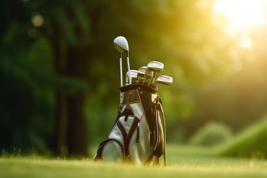 Golfer and Golf Stick Bag over green field background.