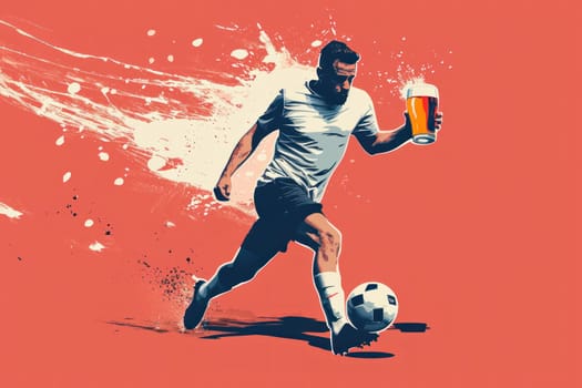 Soccer player holding a large beer glass Kicking a ball. Generative AI.