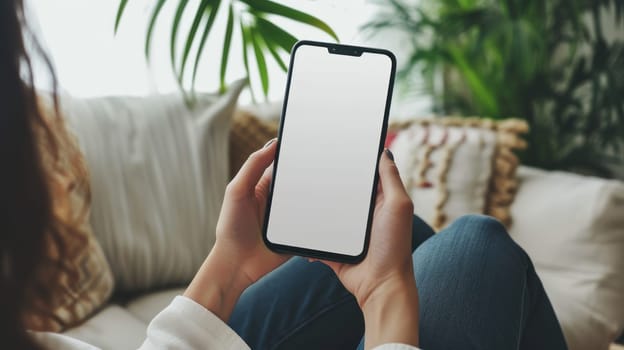 Woman on the couch using blank white screen smartphone. Generative AI.