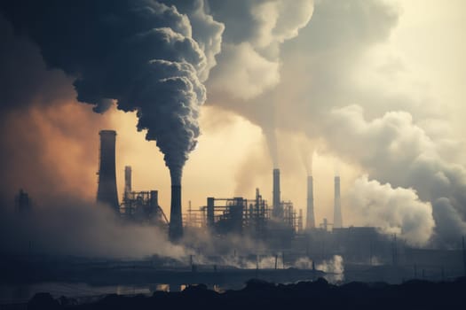 Industrial factory pollution, smokestack exhaust gases, bad atmosphere.