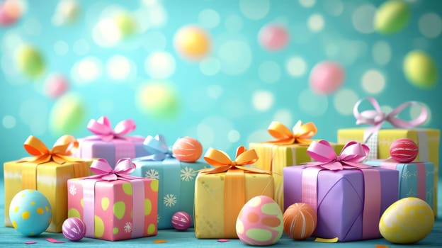 Easter gifts in colorful packaging with bows and bright ribbons. Generative AI.