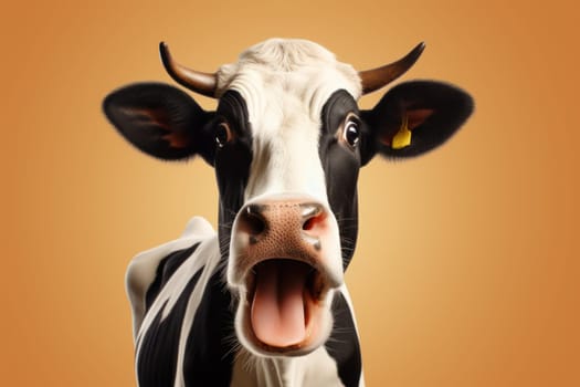 Funny surprised cow studio shot isolated bright color background.