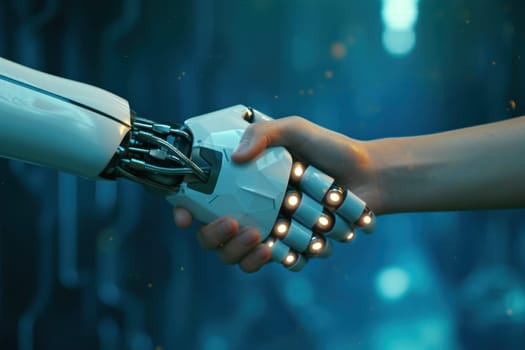 A handshake between a robot hand and a human hand, Technologies AI concept. Generative AI.