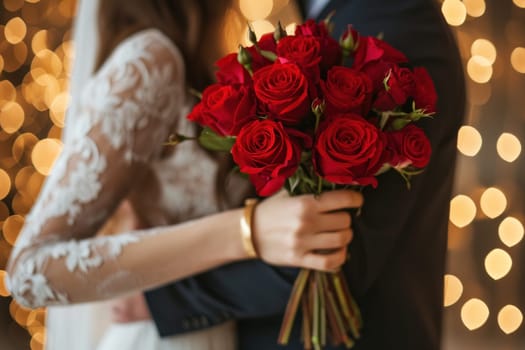 Woman's hands holding bouquet of red roses and the hands of a man in a suit embrace. Generative AI.
