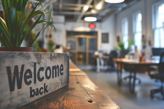 A business office with the text welcome back in a big classy font in the foreground. Generative AI.