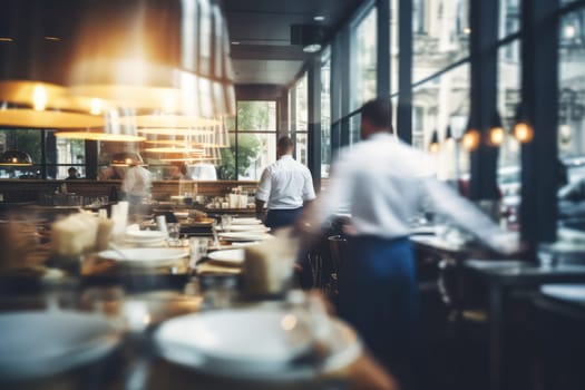 Blurred restaurant background with some people eating and chefs and waiters working. Generative AI.