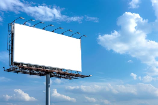Big billboard blank white, on blue sky background. Generative AI.