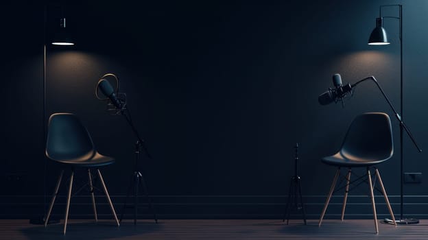 Two chairs and microphones in podcast or interview room. Generative AI.