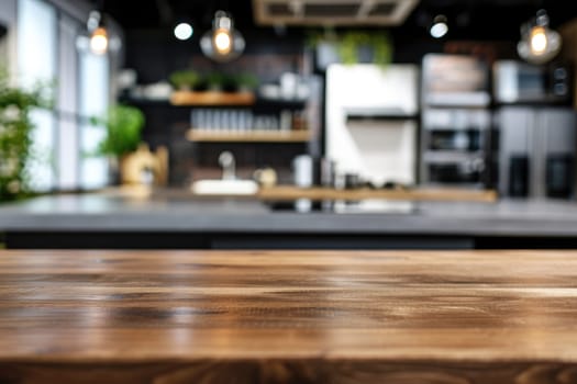 Empty counter table top for product display in modern kitchen interior.