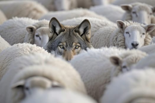 A hungry wolf hides among a flock of sheep. Generative AI.