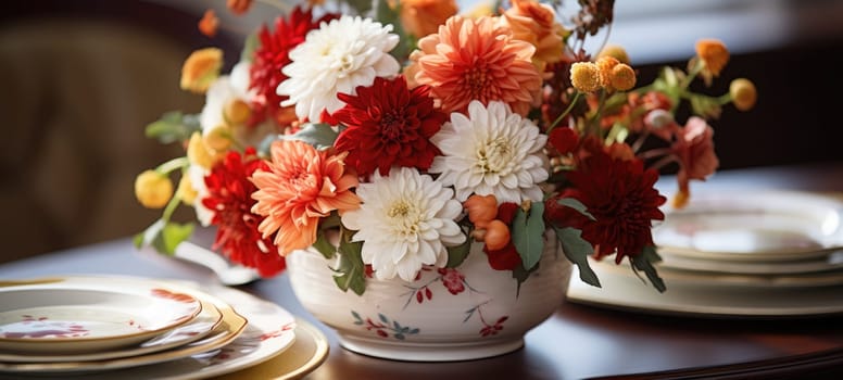 event table setting with chrysanthemum flower arrangement, ai