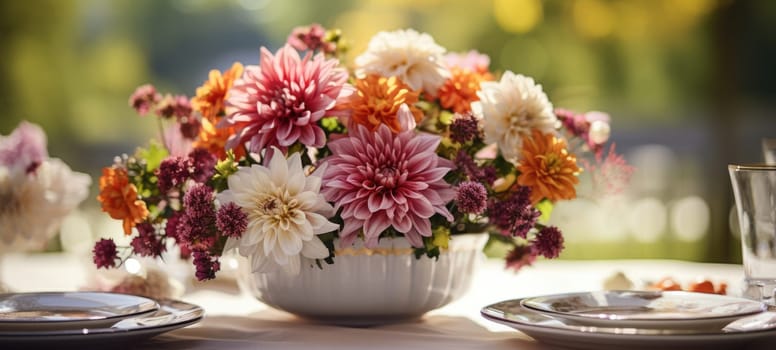 event table setting with chrysanthemum flower arrangement, ai