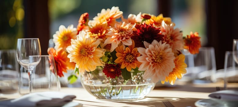 event table setting with chrysanthemum flower arrangement, ai