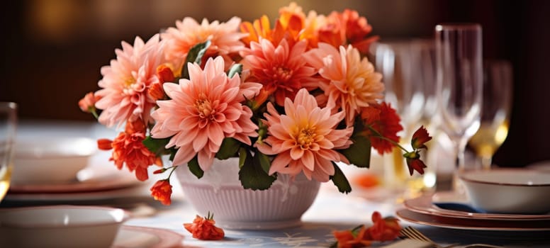 event table setting with chrysanthemum flower arrangement, ai