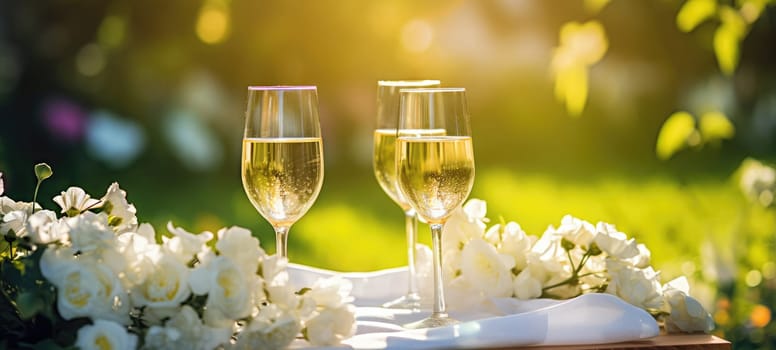 champagne picnic date in the park with flowers, ai