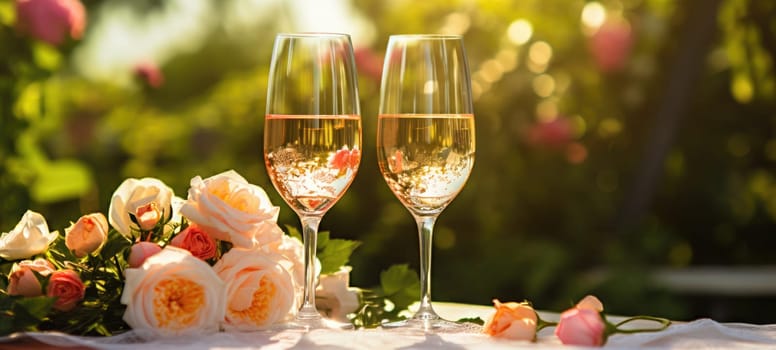 champagne picnic date in the park with flowers, ai