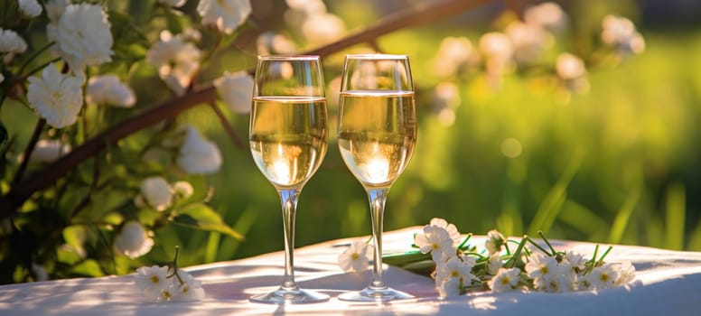 champagne picnic date in the park with flowers, ai