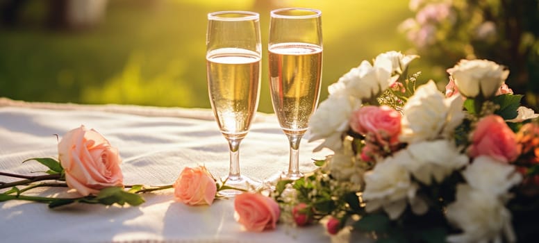 champagne picnic date in the park with flowers, ai