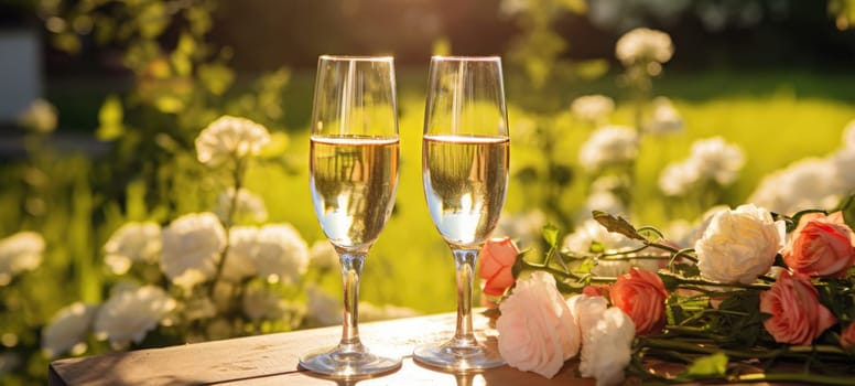 champagne picnic date in the park with flowers, ai