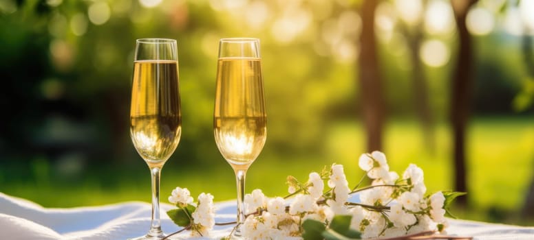 champagne picnic date in the park with flowers, ai