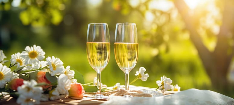 champagne picnic date in the park with flowers, ai