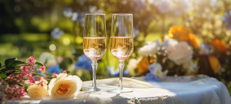 champagne picnic date in the park with flowers, ai