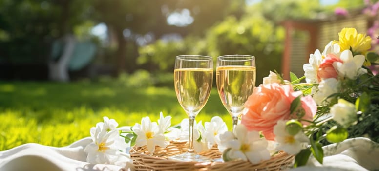 champagne picnic date in the park with flowers, ai