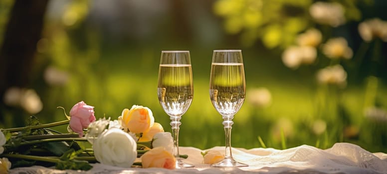 champagne picnic date in the park with flowers, ai