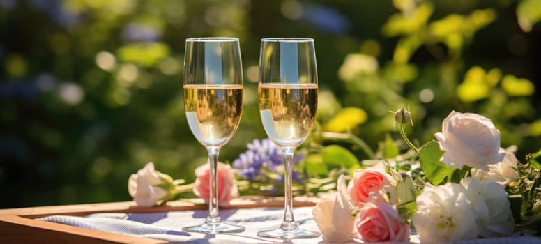 champagne picnic date in the park with flowers, ai