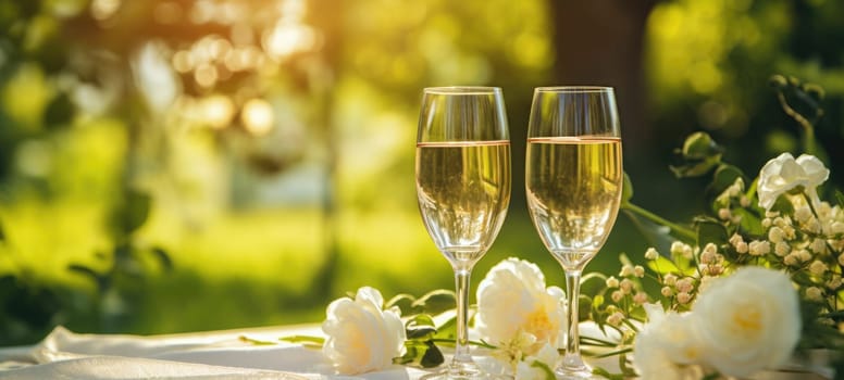 champagne picnic date in the park with flowers, ai