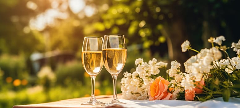 champagne picnic date in the park with flowers, ai