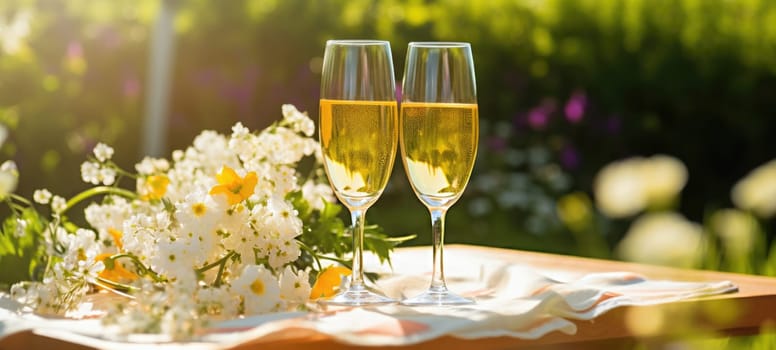 champagne picnic date in the park with flowers, ai